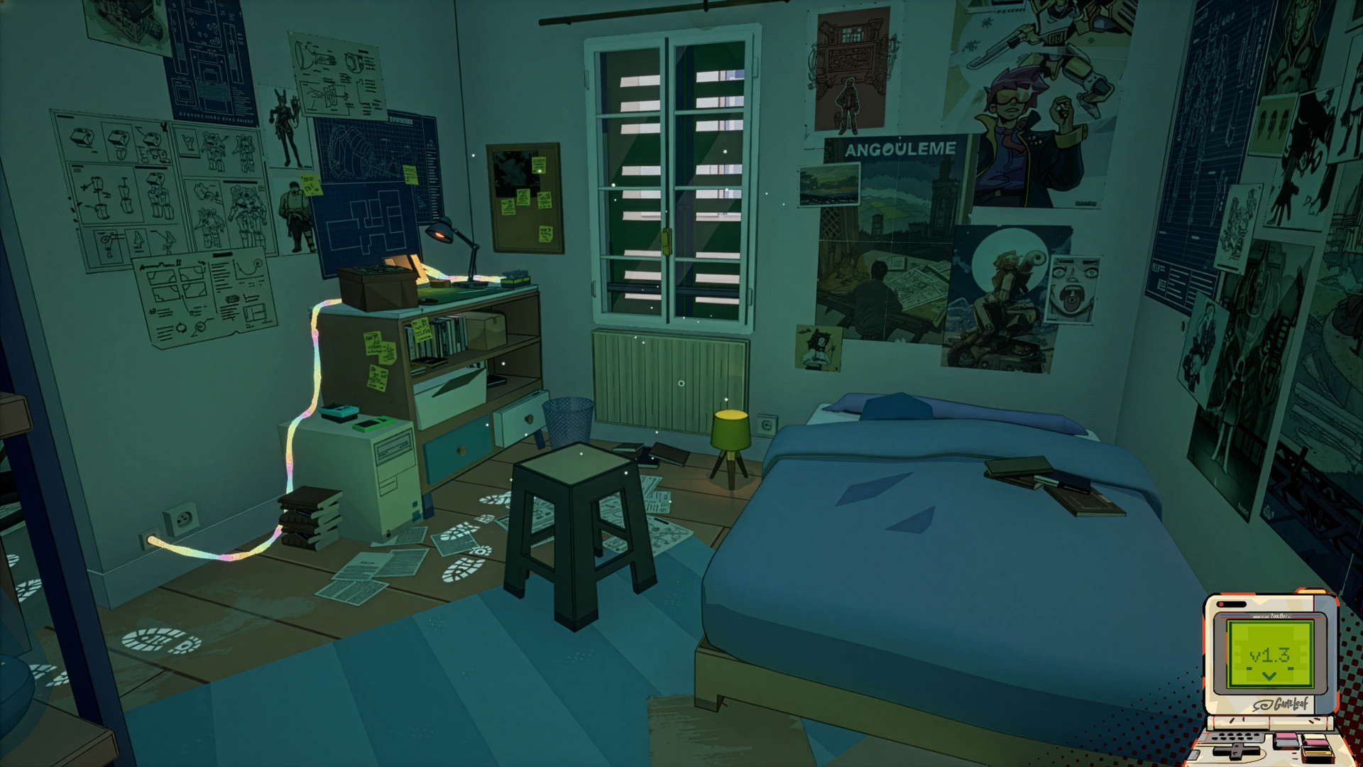 Chambre de nuit tapissée de plans et de posters